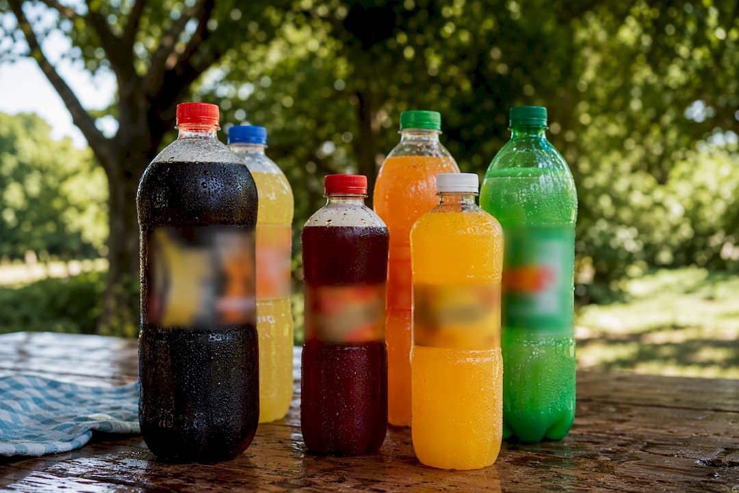 Botellas de bebidas azucaradas sobre una encimera de cocina