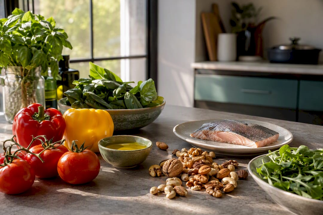 Verduras, legumbres, pescado azul, frutos secos y aceite de oliva sobre una mesa de madera