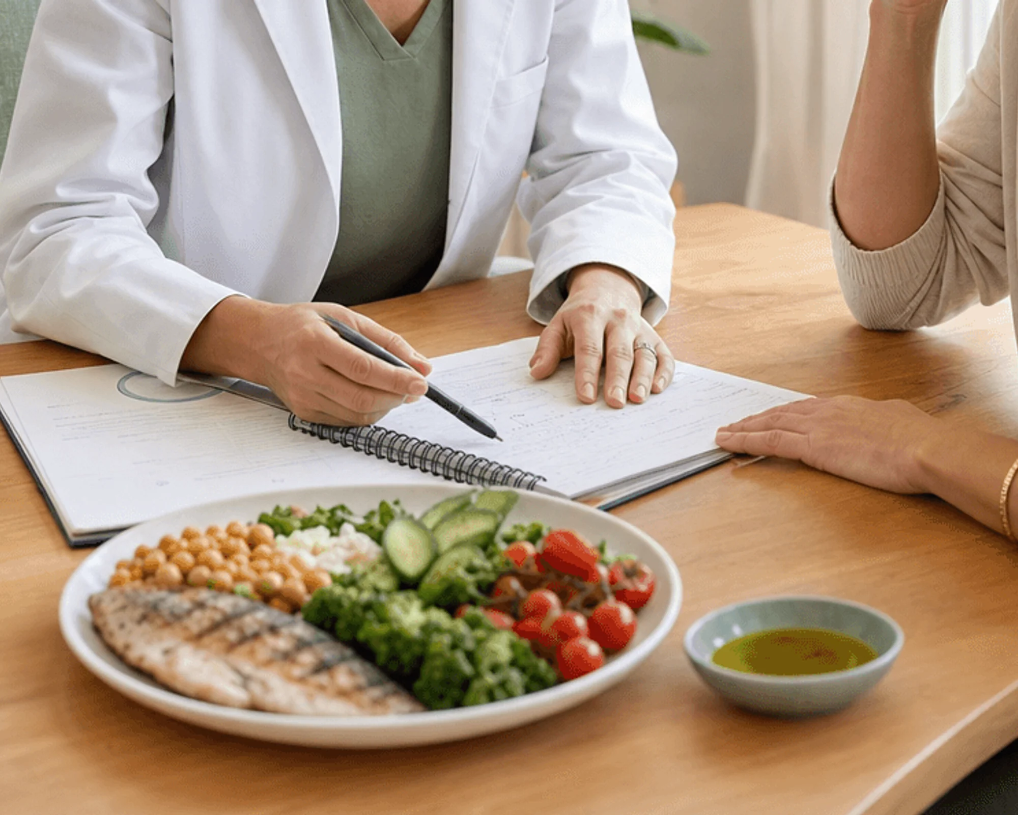 Plan nutricional coordinado sobre mesa de consulta sin rostros visibles