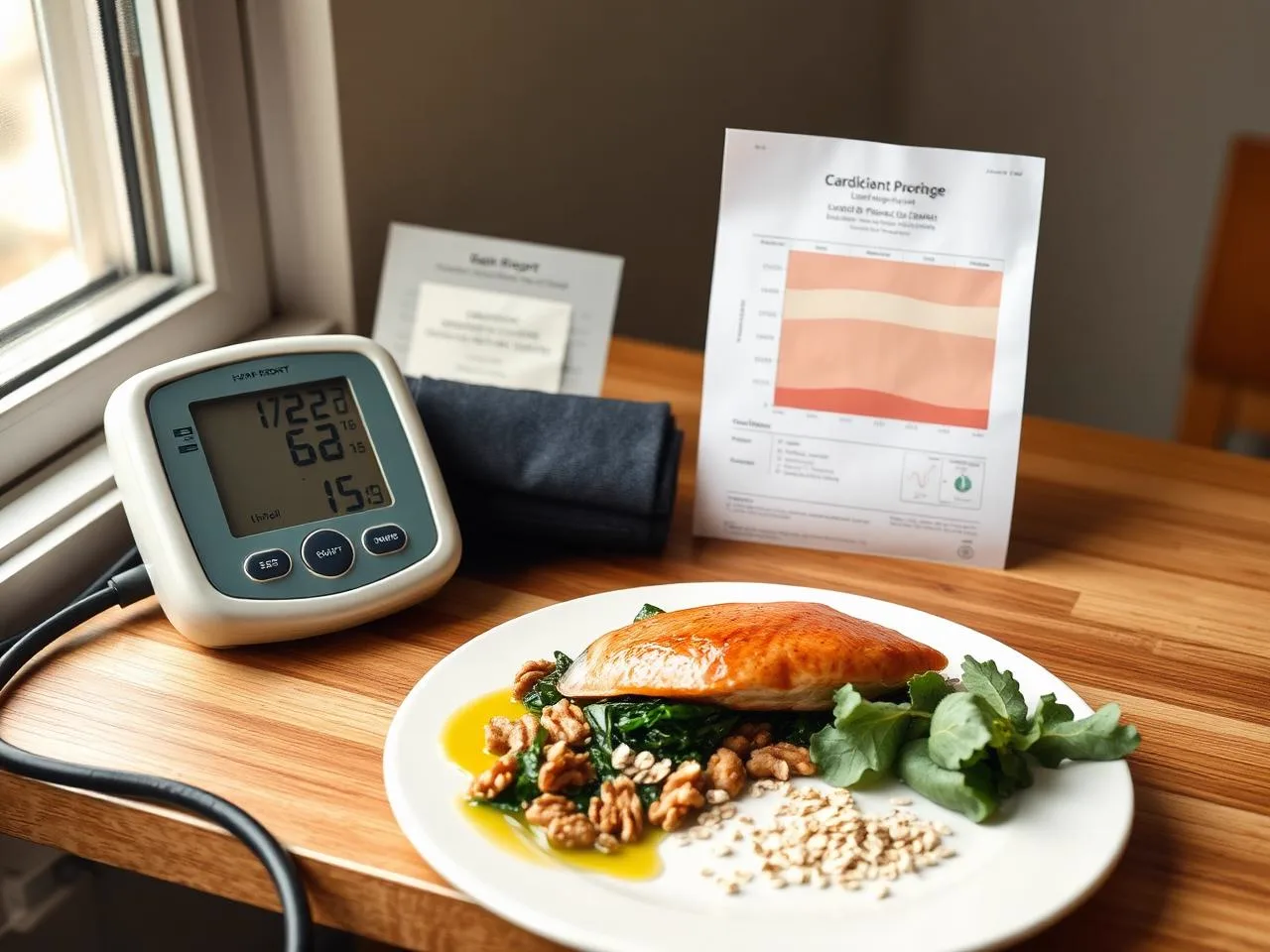 Nutrición cardiovascular con tensiómetro, analítica y alimentos cardioprotectores