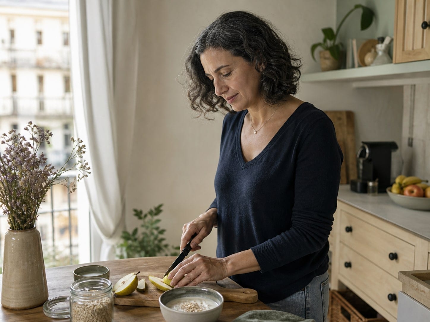 Mujer en perimenopausia preparando un desayuno sencillo en casa