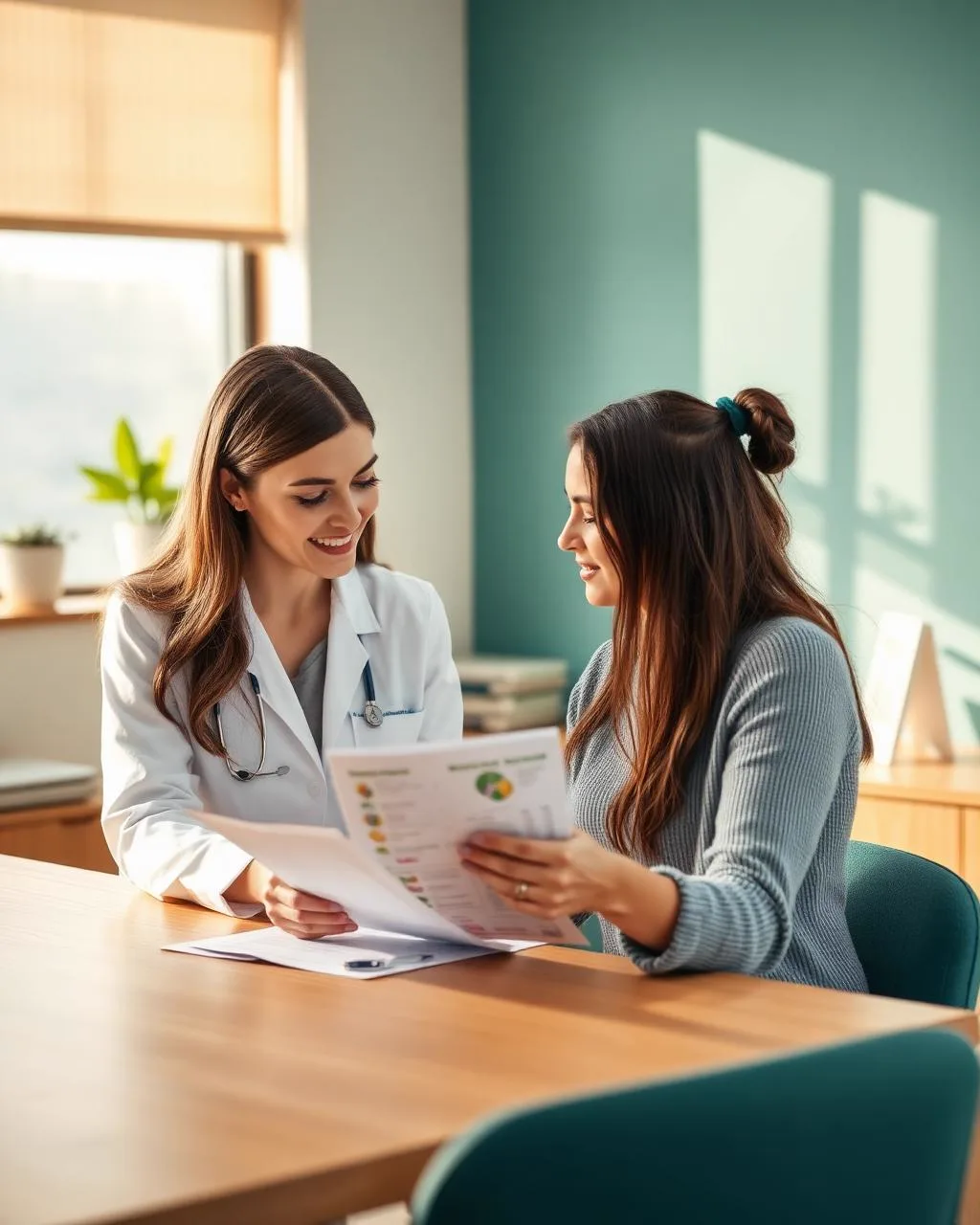 Plan nutricional personalizado en consulta con notebook, tablet y tarjetas de grupos de alimentos