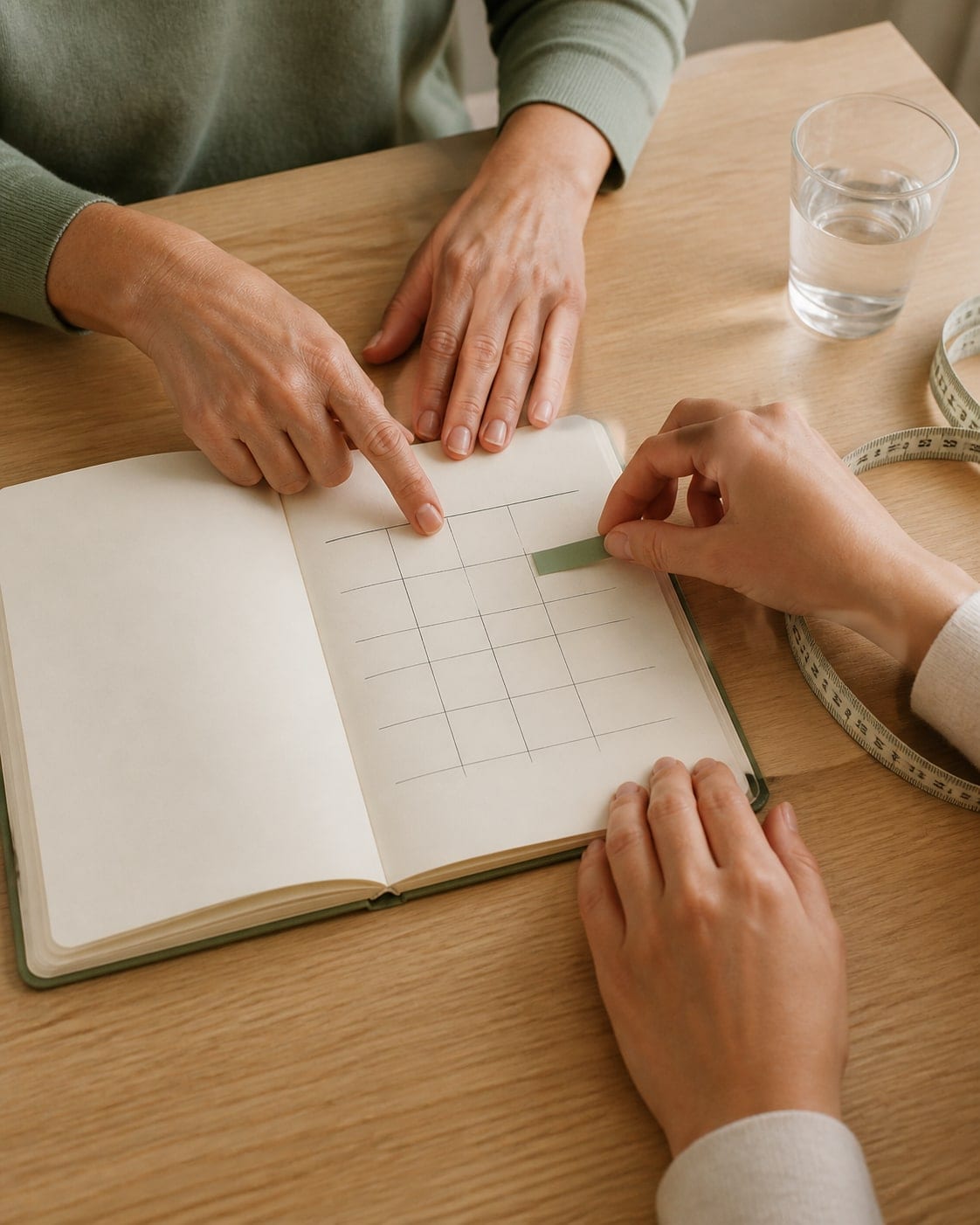 Nutricionista y paciente organizando juntas un plan semanal en una libreta