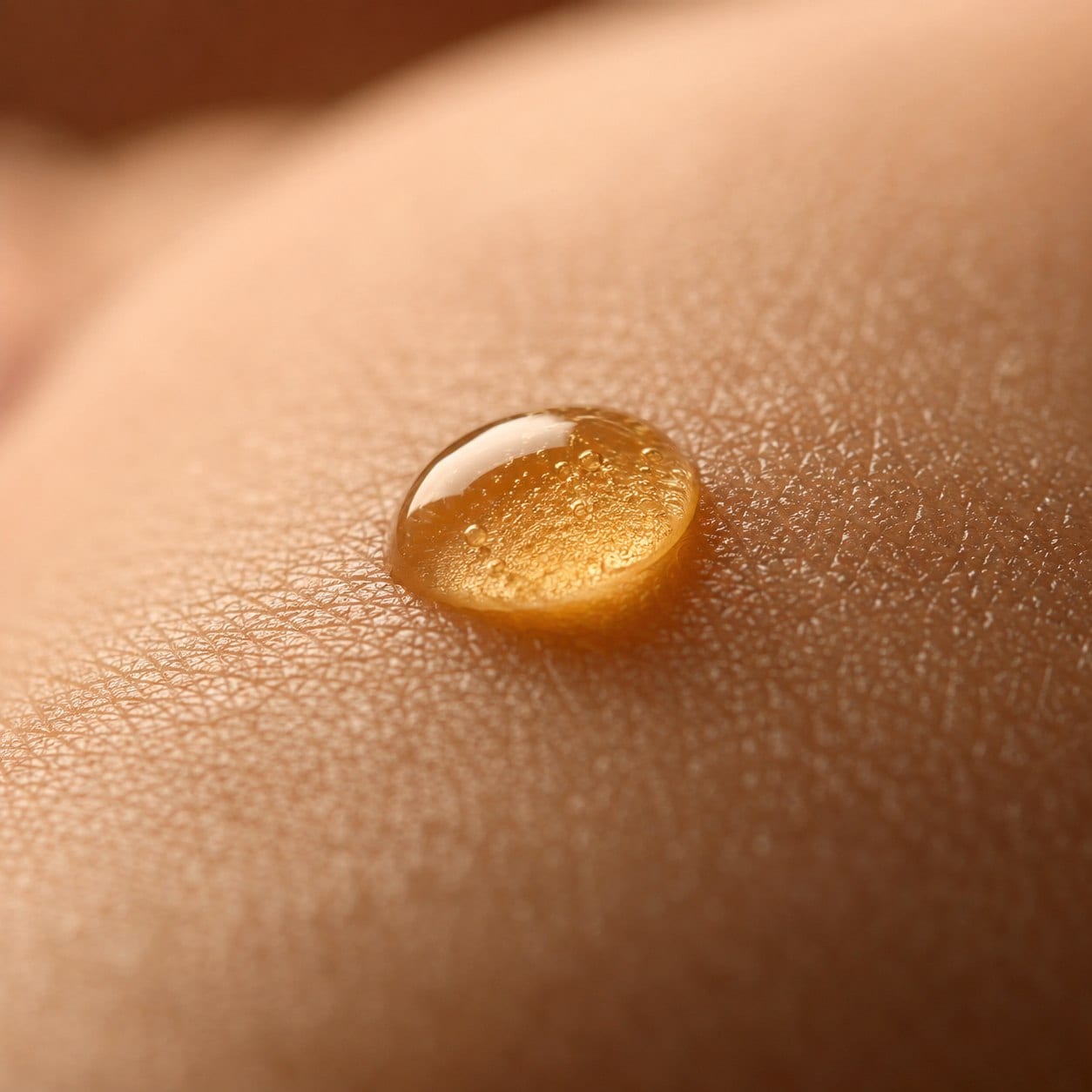 Detalle de gota de sérum sobre la piel