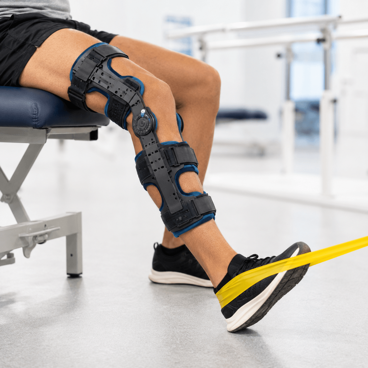 Rehabilitación postoperatoria de rodilla con órtesis y banda elástica