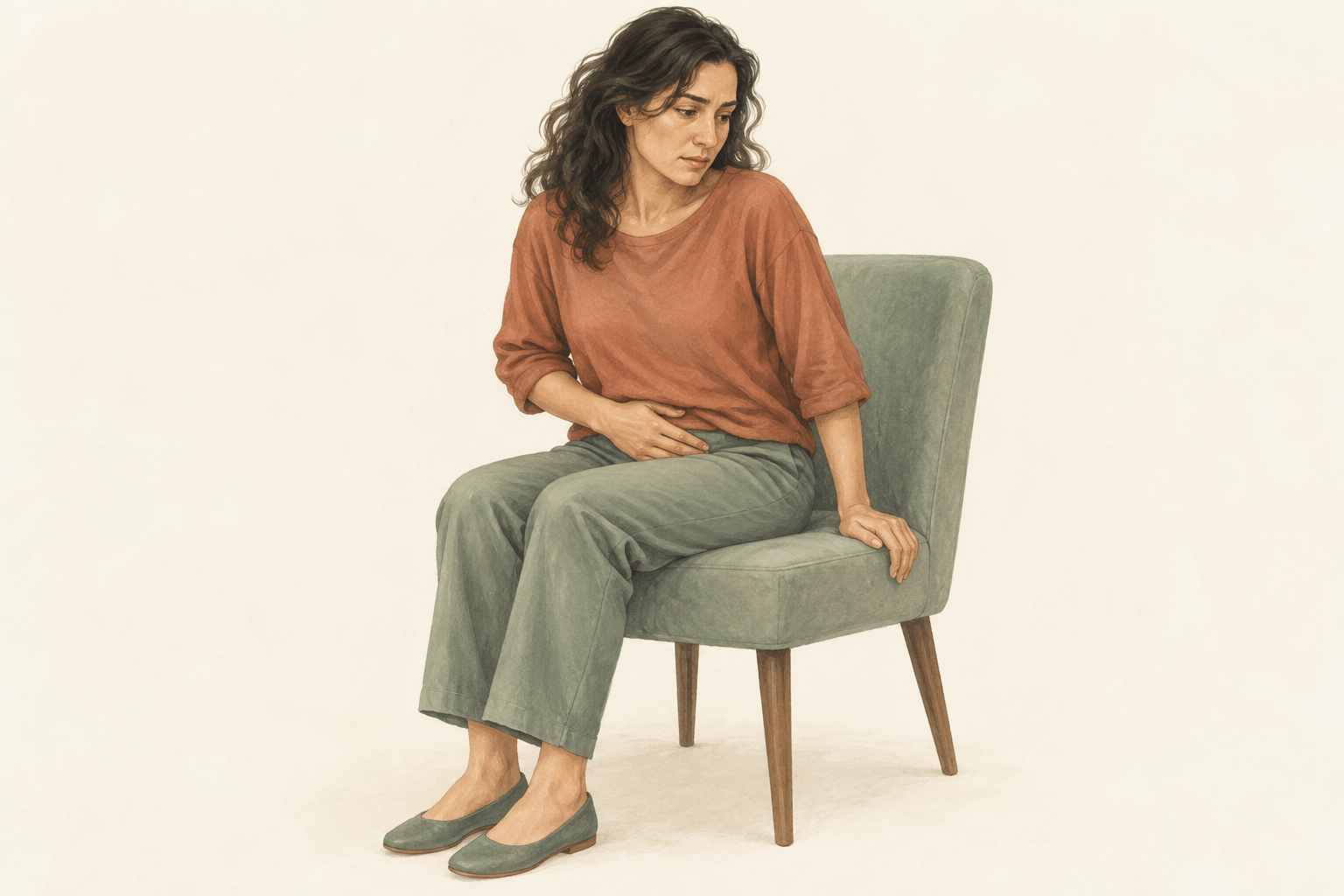 Ilustración de una mujer sentada que señala una molestia en la zona pélvica sobre la ropa