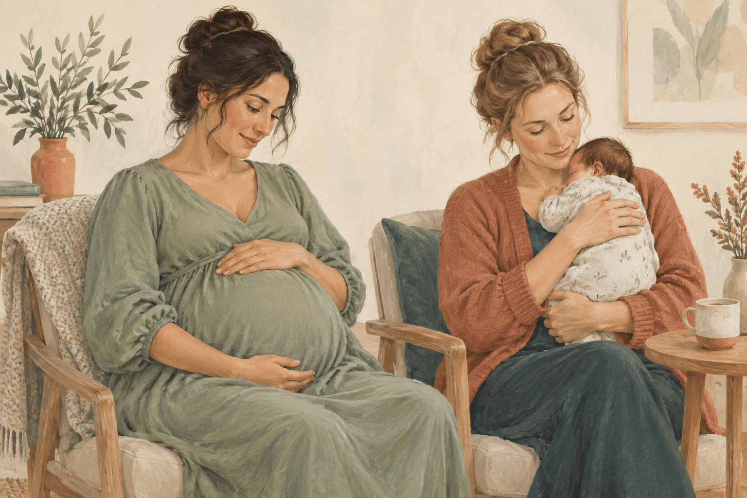 Ilustración de una mujer embarazada y otra madre con su bebé en brazos
