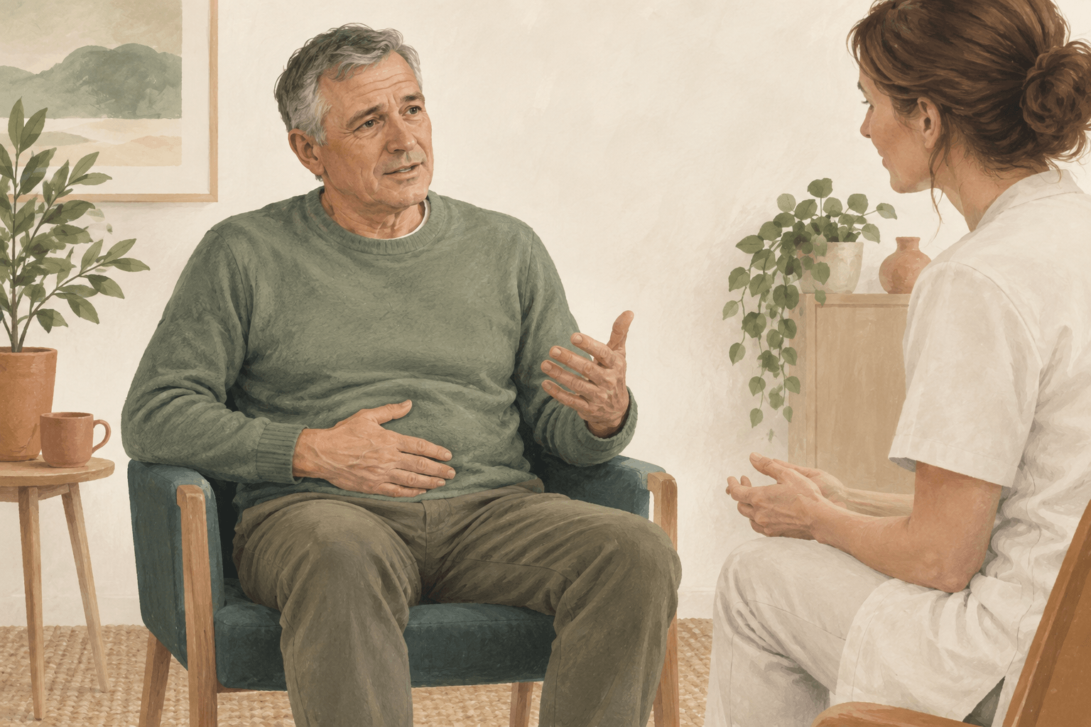 Ilustración de un hombre que conversa con una fisioterapeuta sobre molestias en la zona pélvica