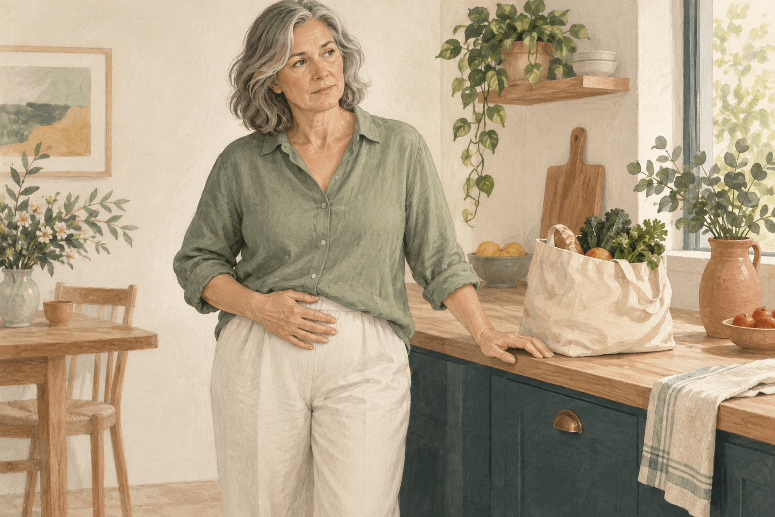 Ilustración de una mujer que hace una pausa en una tarea cotidiana y apoya la mano en la zona pélvica